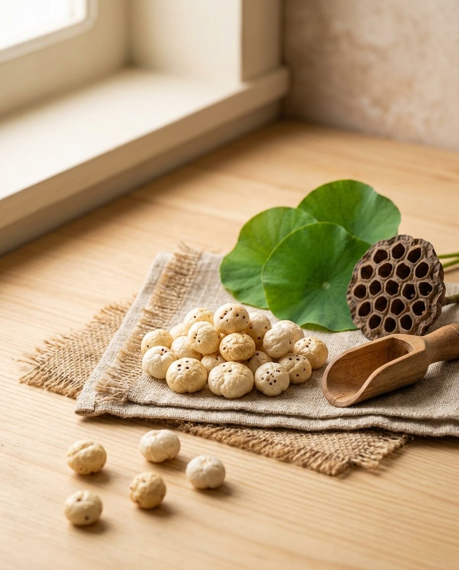 Makhana puffs on a linen cloth beside lotus leaves and a dried lotus seed pod